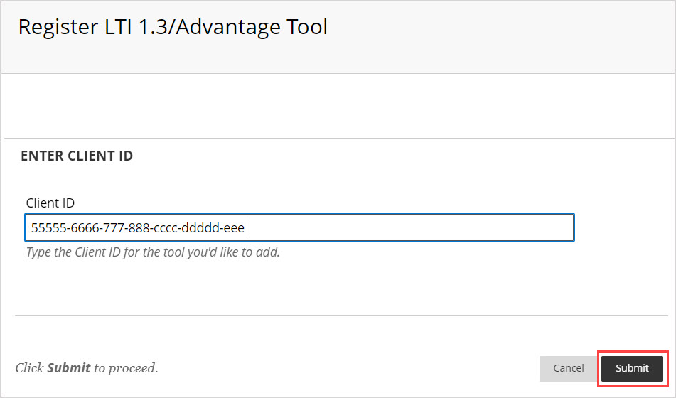 On the Register LTI 1.3/Advantage Tool page, the Submit button is at the bottom right of the page.